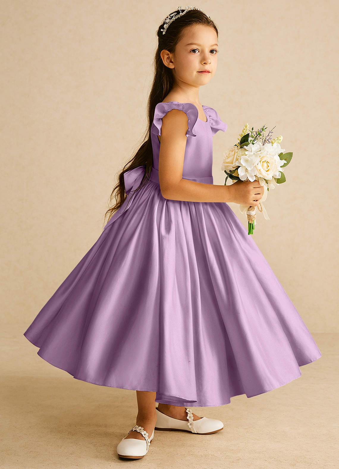 Azazie Violeta Wisteria Ball-Gown Bow Matte Satin Dress Azazie