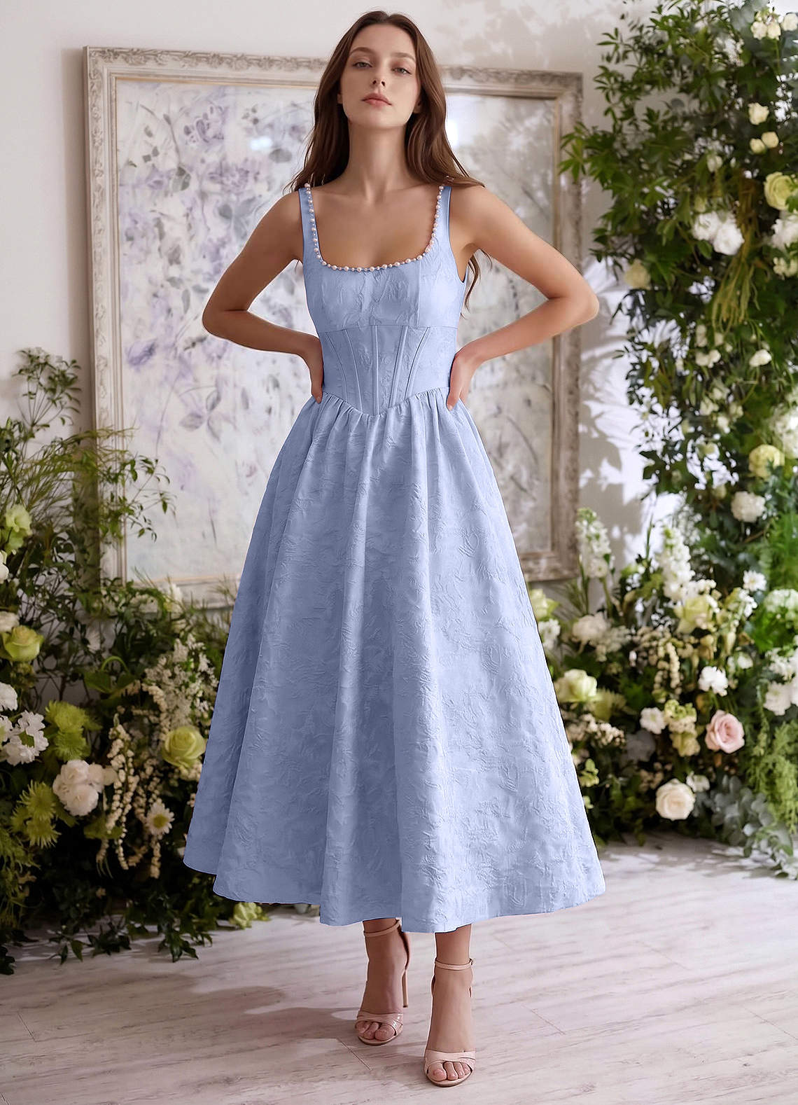 periwinkle lace midi dress Periwinkle Satin Dress - Long Sleeve Dress - Lace-Trimmed Dress