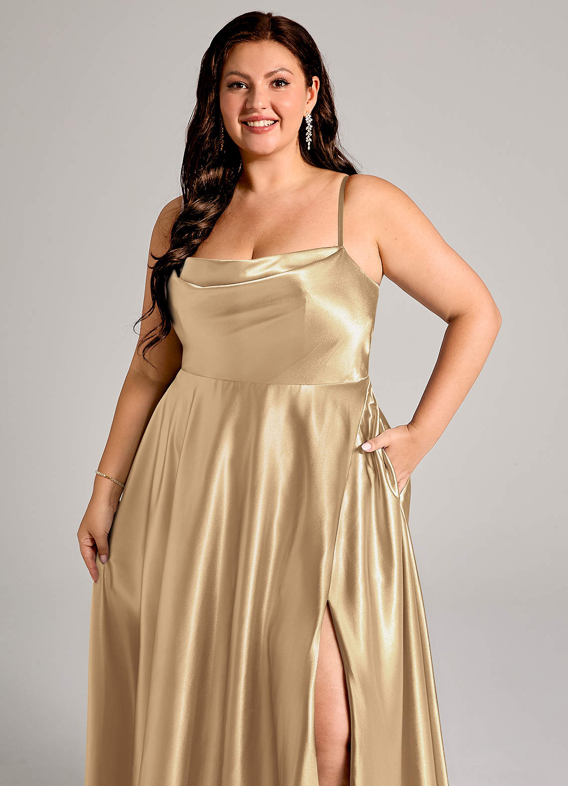 Azazie Elle Champagne Metallic Satin Bridesmaid Dresses | Azazie CA