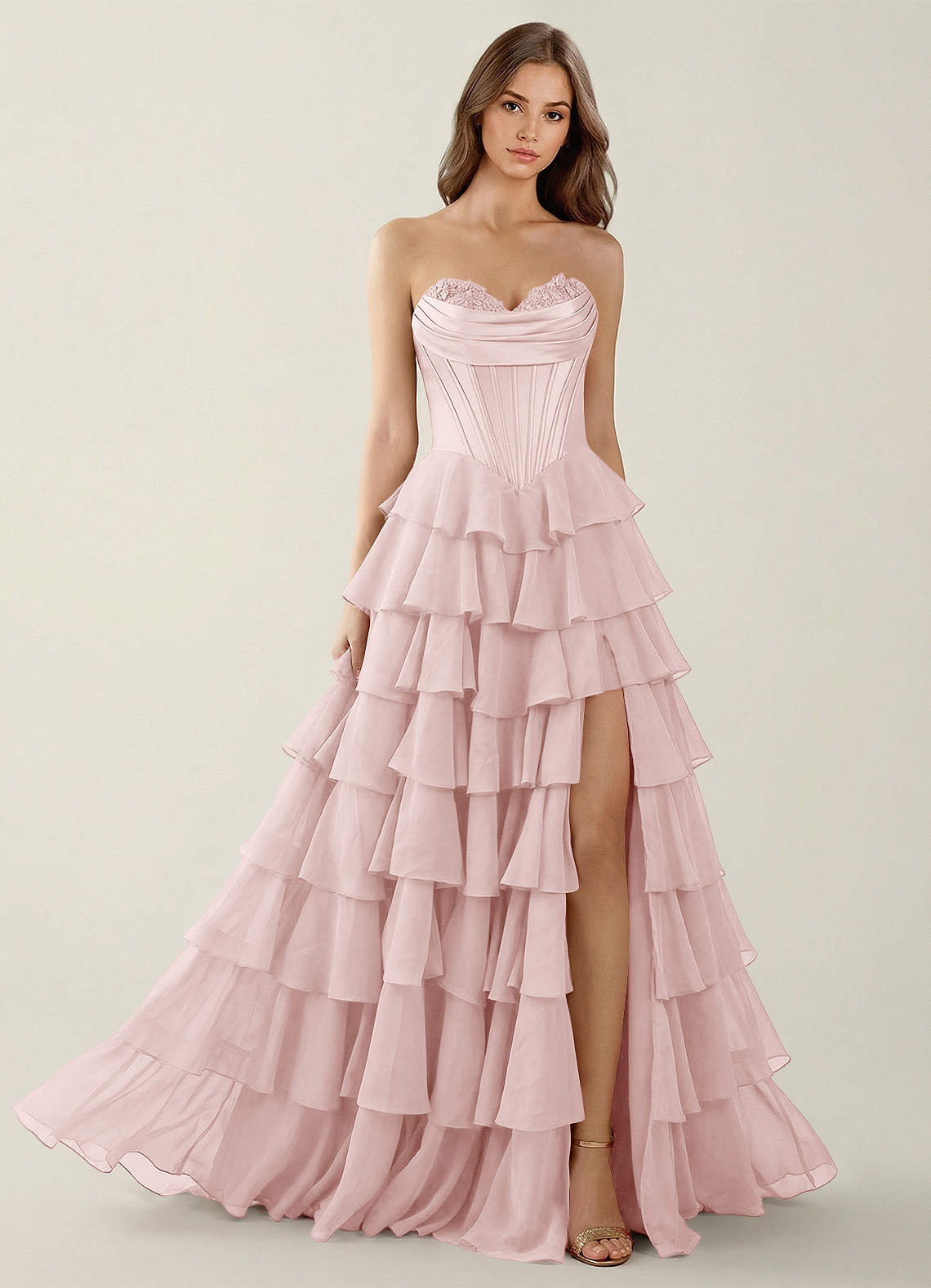 pink empire waist prom dress Empire-Waist Halter V-Neck Long Prom Dress with Slit– PromGirl main image 0