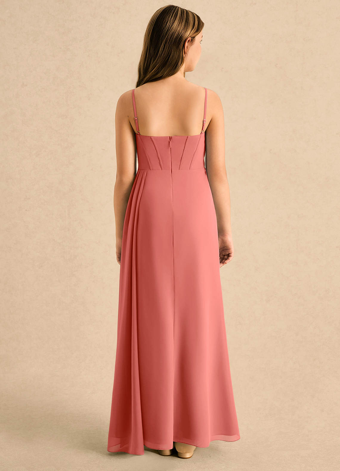 Azazie Moxie Girls Formal Salmon Pink A-Line Lace Chiffon Dress