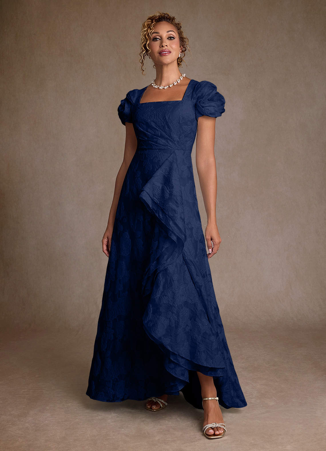 Azazie Hermina Dark Navy Jacquard A-Line Pleated Floral Jacquard