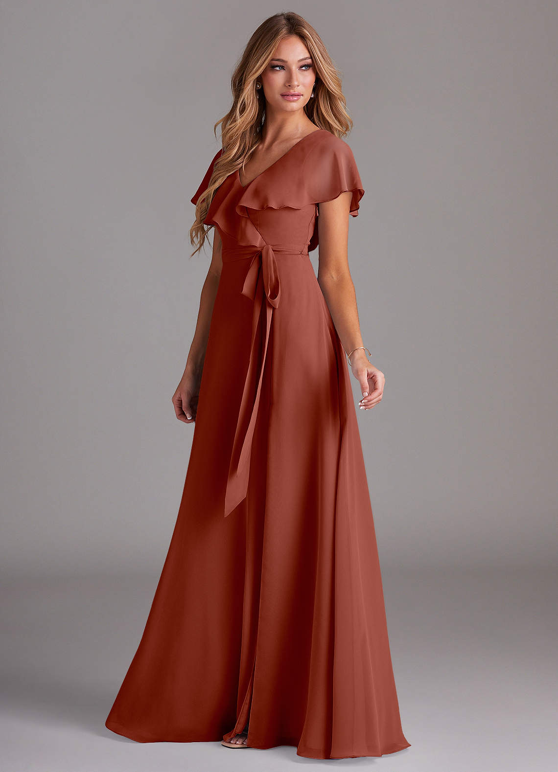 Azazie Lainey At-home Try On Dresses Dusty Sage A-Line with Pockets Chiffon Dress image4