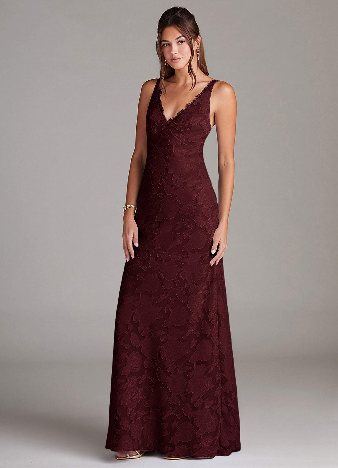 Azazie Tianna Bridesmaid Dresses Cabernet Sheath Lace Floral Burnout Dress image3