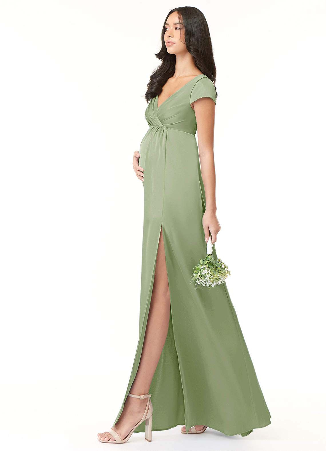 Azazie Allessia Vestidos de dama de honra para maternidade Vestir Linha A Plissado Comprimento do chão Cetim elástico image2