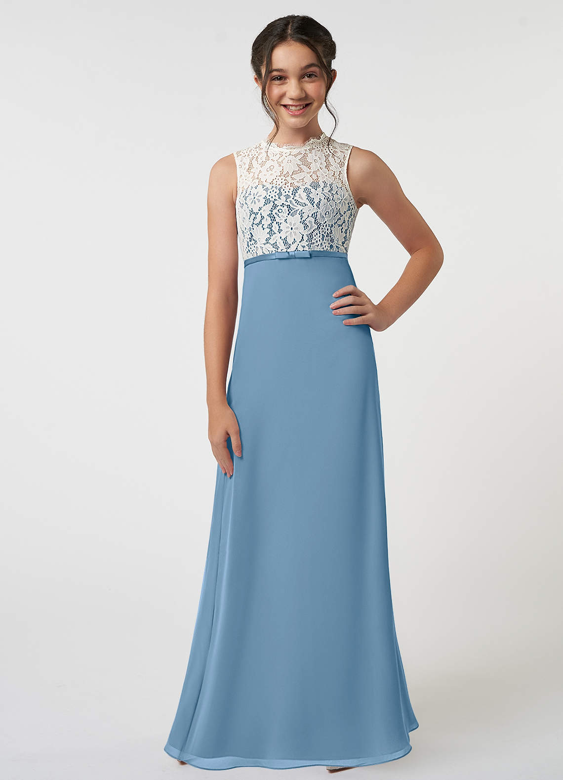 Azazie Rana Junior Robe Trapèze en Mousseline de soie Dentelle Acier Bleuté image1