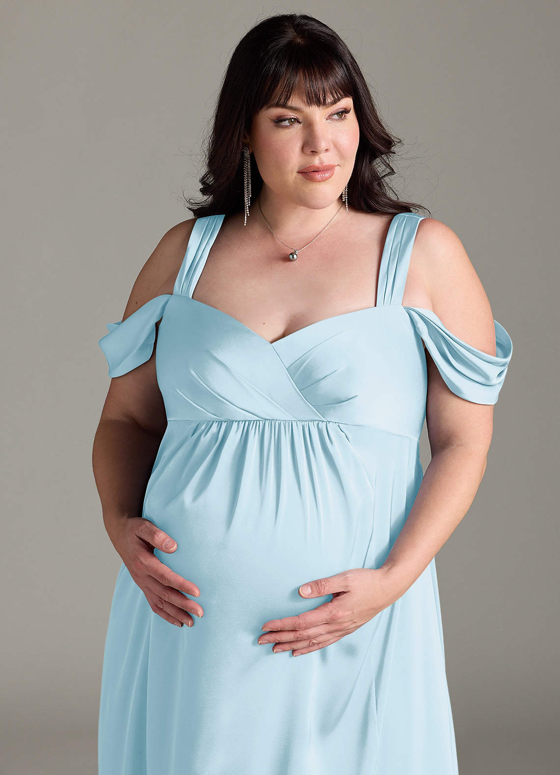 Azazie Rhea Maternity Bridesmaid Dresses A-Line Off-The-Shouler Pleated Stretch Satin Floor-Length Dress image11