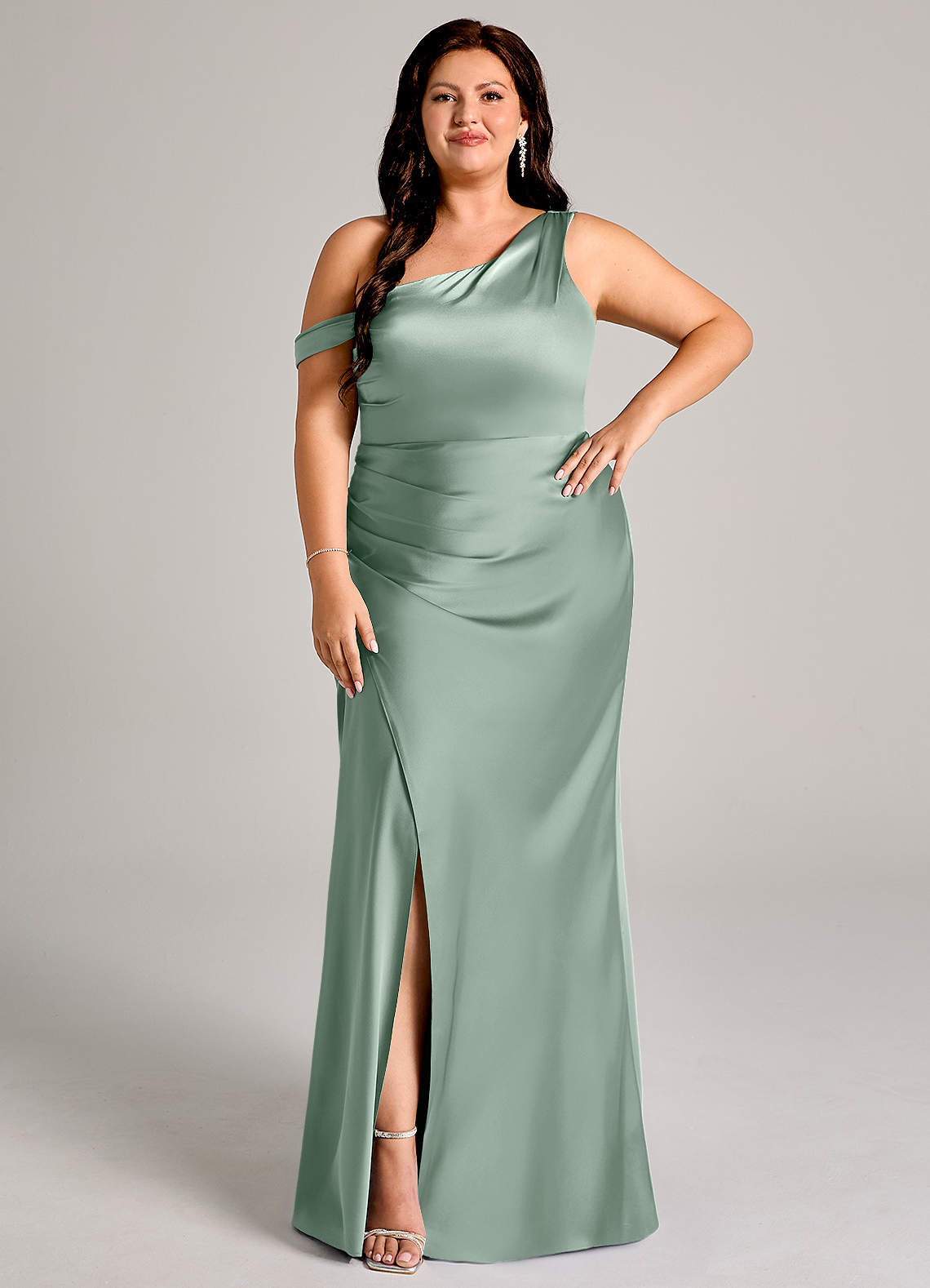 Azazie Madelyn Brudtärnklänningar Klänning av Sjöjungfru i Stretch Satin One-shoulder Agave Konvertibel image1