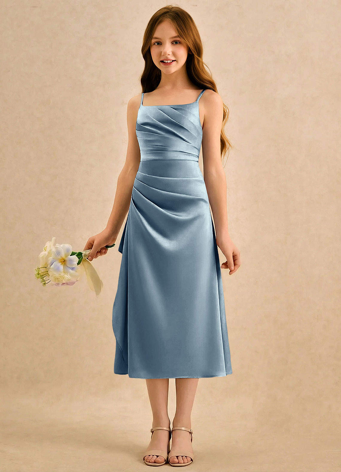 Azazie Canna Girls Formal Blomsterpigekjoler A-Line Plisseret Stræk satin Te-længde Kjole image4