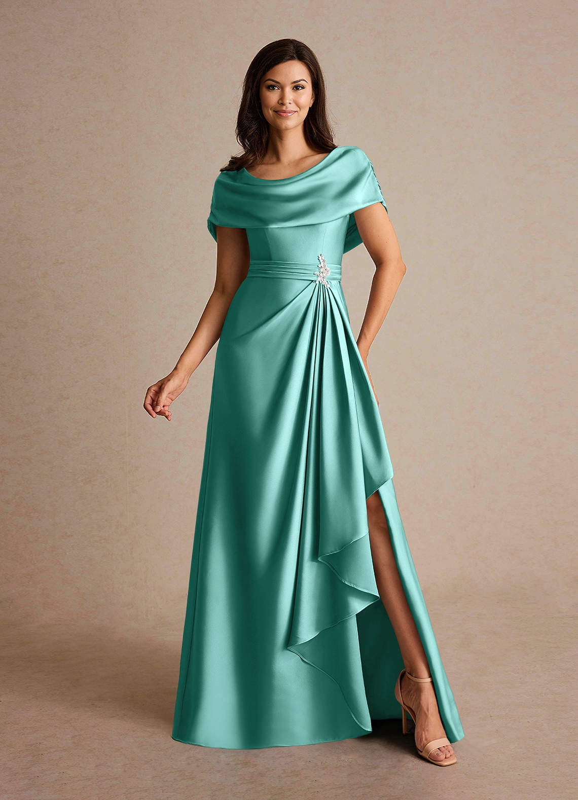 Azazie Branford Mother of the Bride Dresses Aqua A-Line Pleated Stretch Satin Dress image1