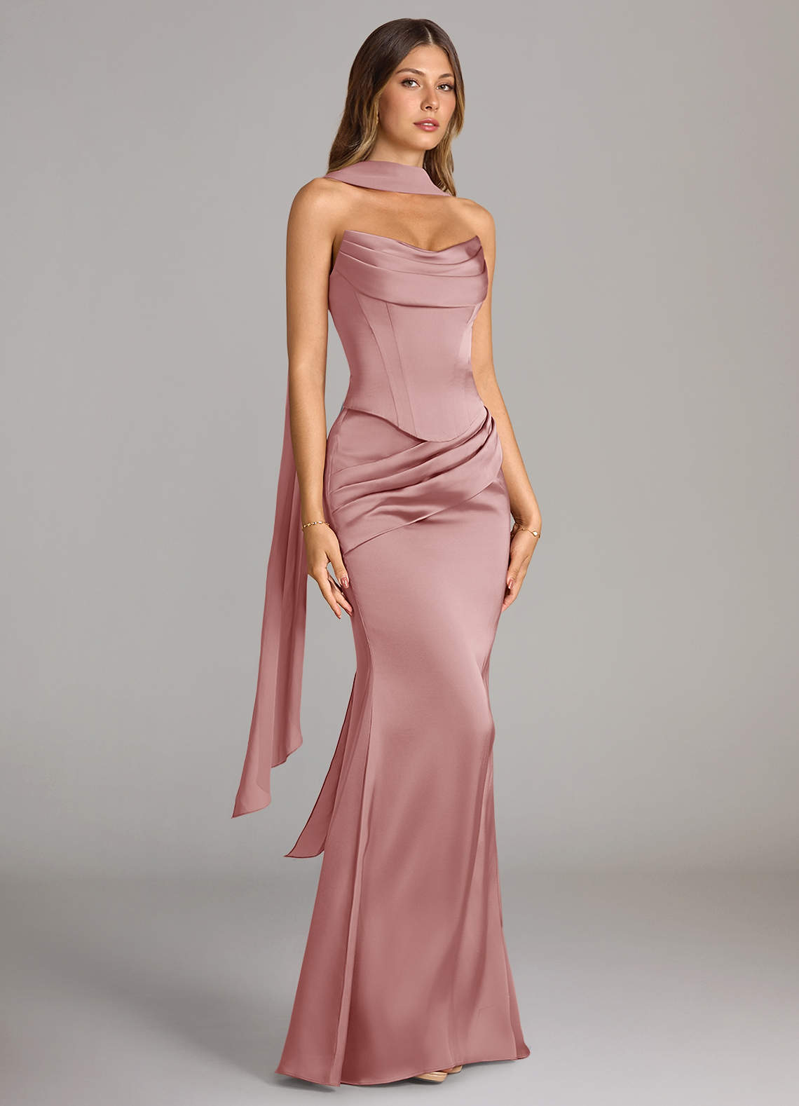 Azazie Sorrel Vestidos de damas de honor Vestido de Rosa Polvorienta de Satén Elástico de Corte Sirena Convertible con Sin tirantes image2