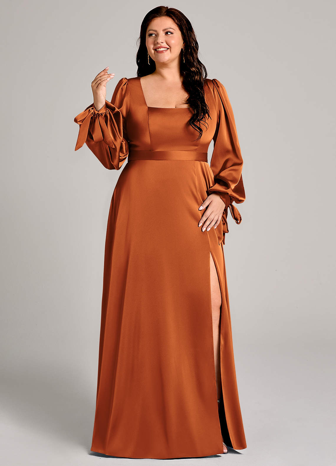 Azazie Leonia Bridesmaid Dresses Cinnamon A-Line Long Sleeve Stretch Satin Dress image9