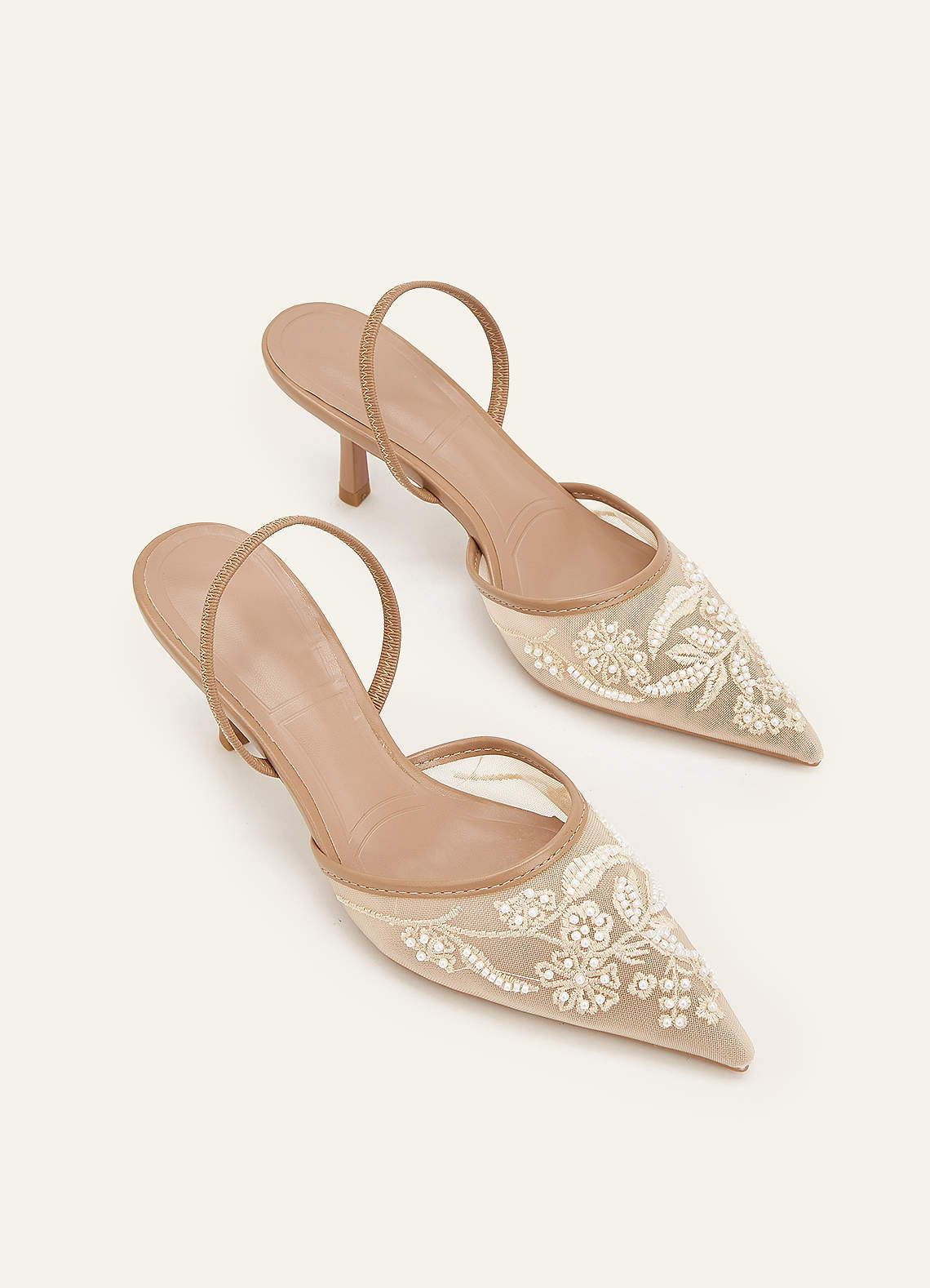 front Rosalie Pearl Embroidered Mesh Slingback Heels