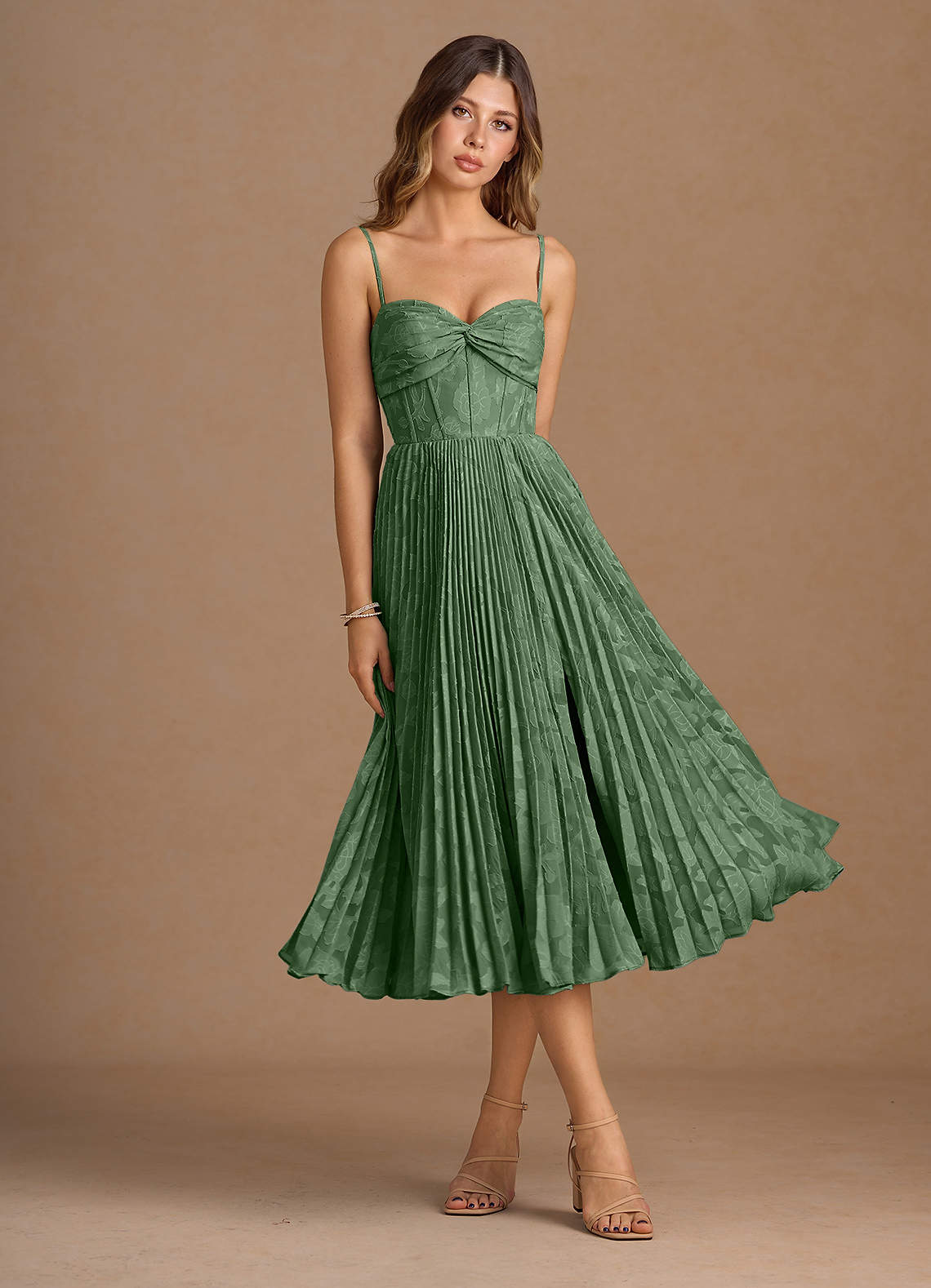 Annie Eucalyptus Pleated Midi Dress | Azazie Annie Eucalyptus Pleated Midi Dress | Azazie