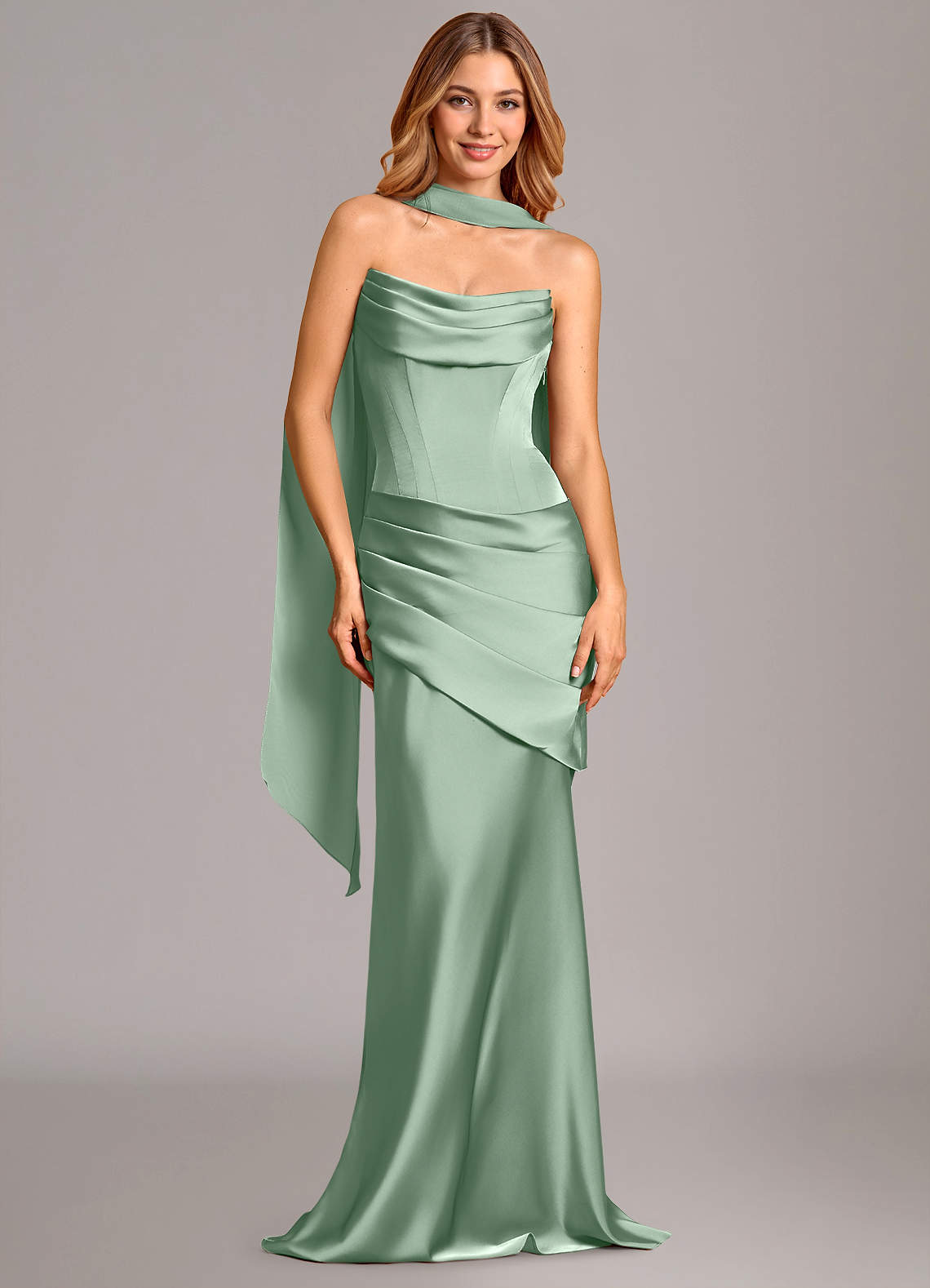 Azazie Pelagia Robes de demoiselle d'honneur Robe Sirène Convertible en Satin extensible Corset Agave image1