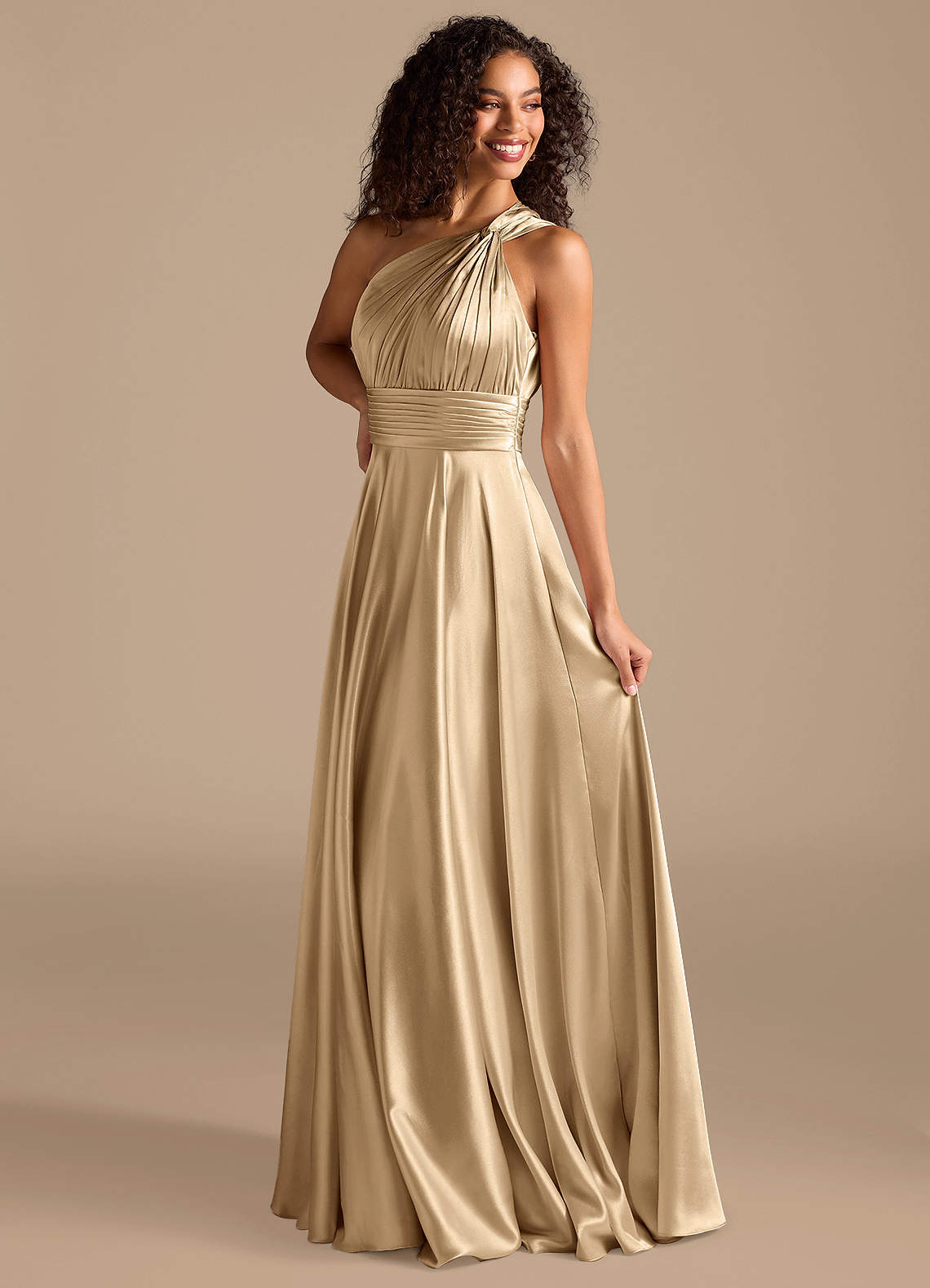 Azazie Charlize Klänningar att prova hemma Klä av A-Linje i Metallisk satin Ena axeln Kastanjebrunt image4