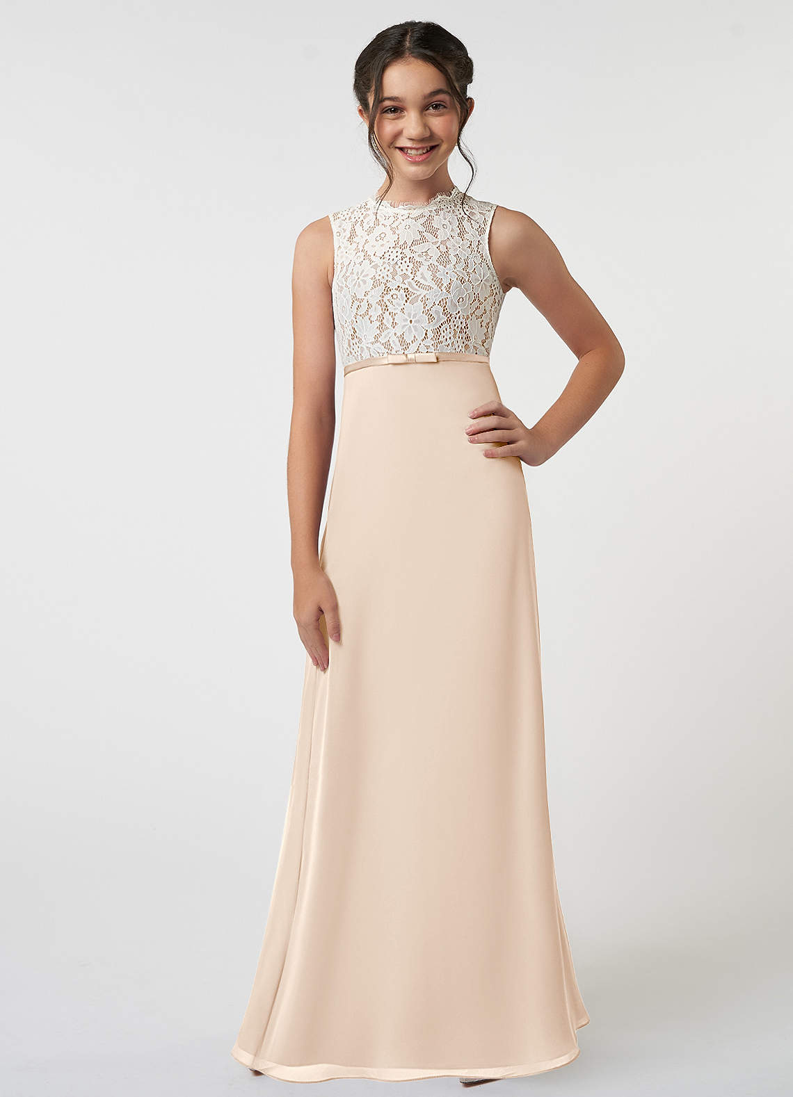Azazie Rana Junior White Alabaster A-Line Lace Chiffon Dress image1