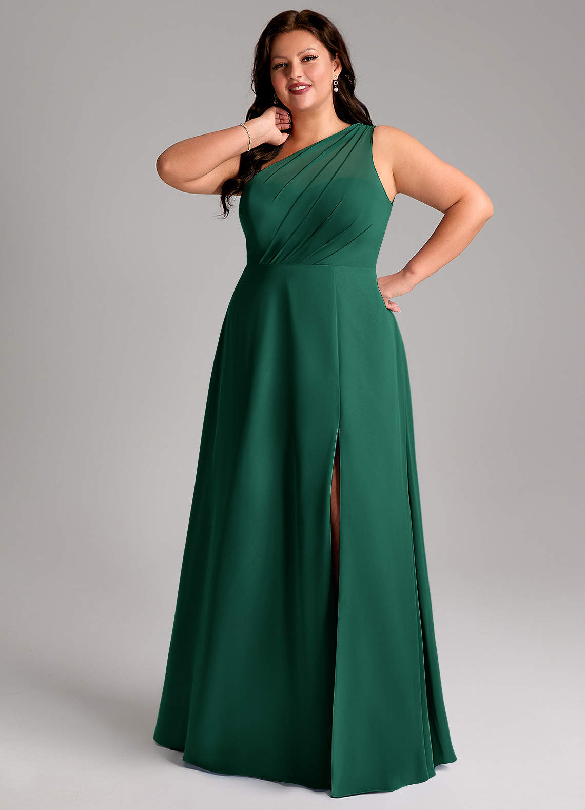 Azazie Phaedra Vestidos de madrinha de casamento Vestido Esmeralda de Chiffon de Linha A com Um ombro image14