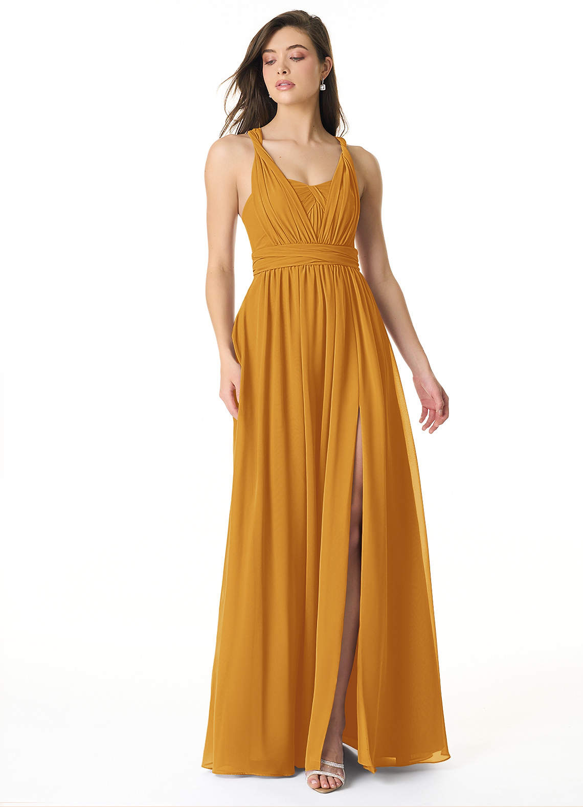 Azazie Olani Bridesmaid Dresses Butterscotch A-Line Off the Shoulder Chiffon Convertible Dress image1