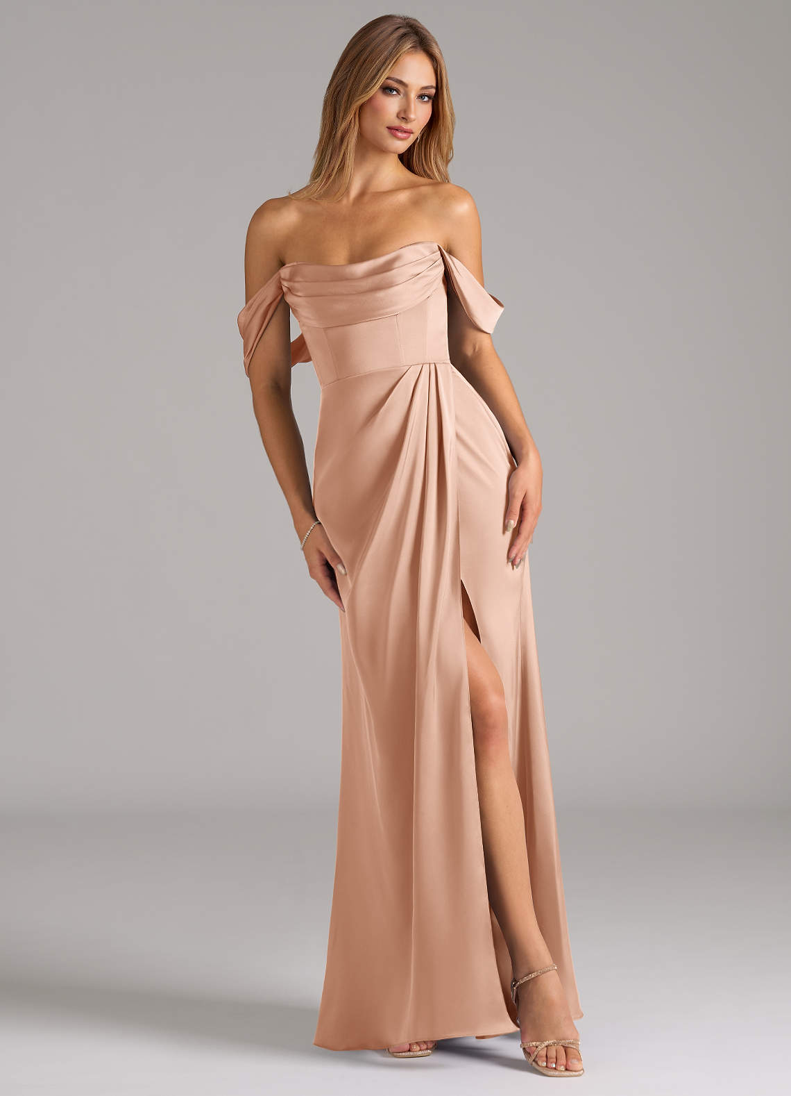 Azazie Johana Bridesmaid Dresses Rose Gold Mermaid Off the Shoulder Stretch Satin Convertible Dress image1