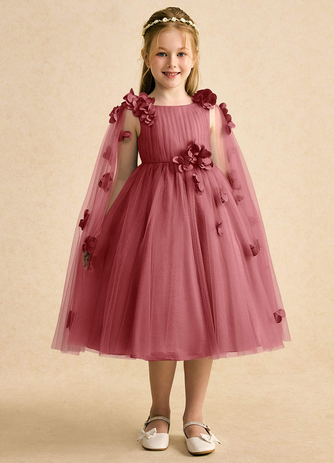 Azazie Staria Vestidos de florista Vestido Rosa Antiga de Tule de Vestido de baile com Franzido image5