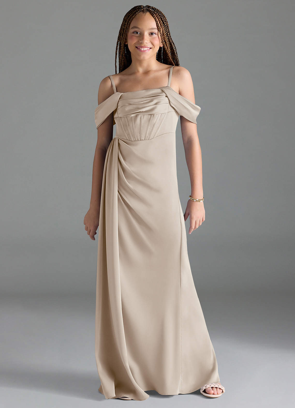 Azazie Amyra Junior Frost Sheath Off the Shoulder Stretch Satin Dress image1