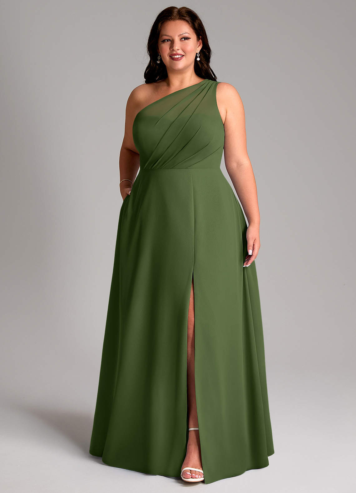 Azazie Phaedra Bridesmaid Dresses Olive A-Line One Shoulder Chiffon Dress image9