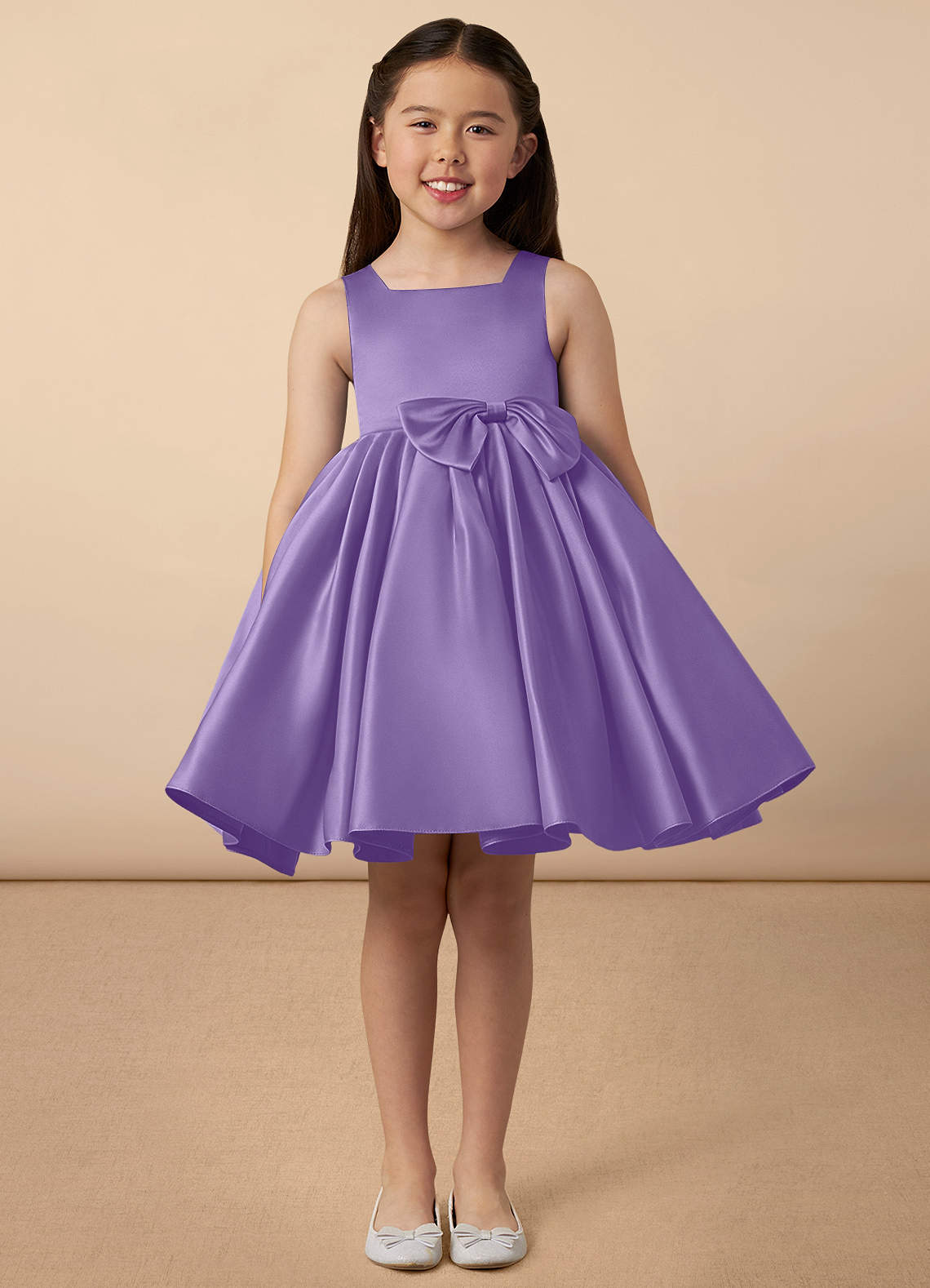Azazie Bo Peep Flower Girl Dresses Tahiti A-Line Bow Matte Satin Dress image1