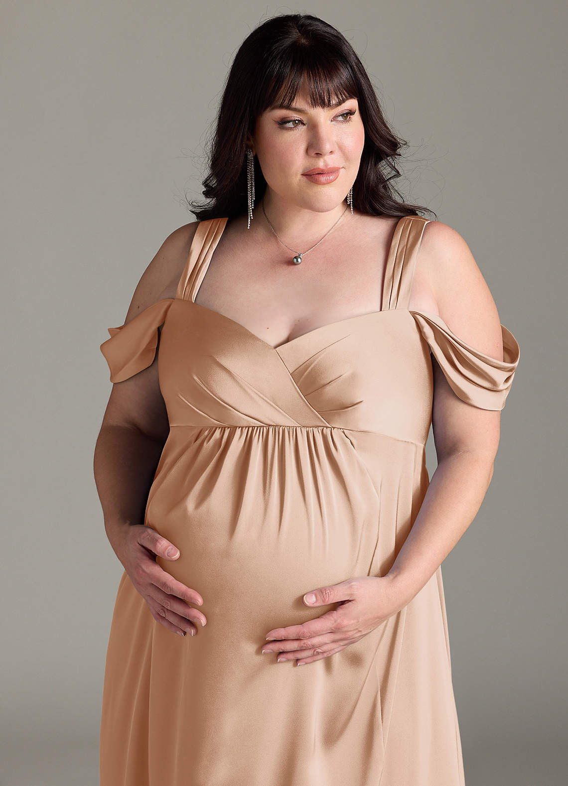 Azazie Rhea Maternity Bridesmaid Dresses A-Line Off-The-Shouler Pleated Stretch Satin Floor-Length Dress image11