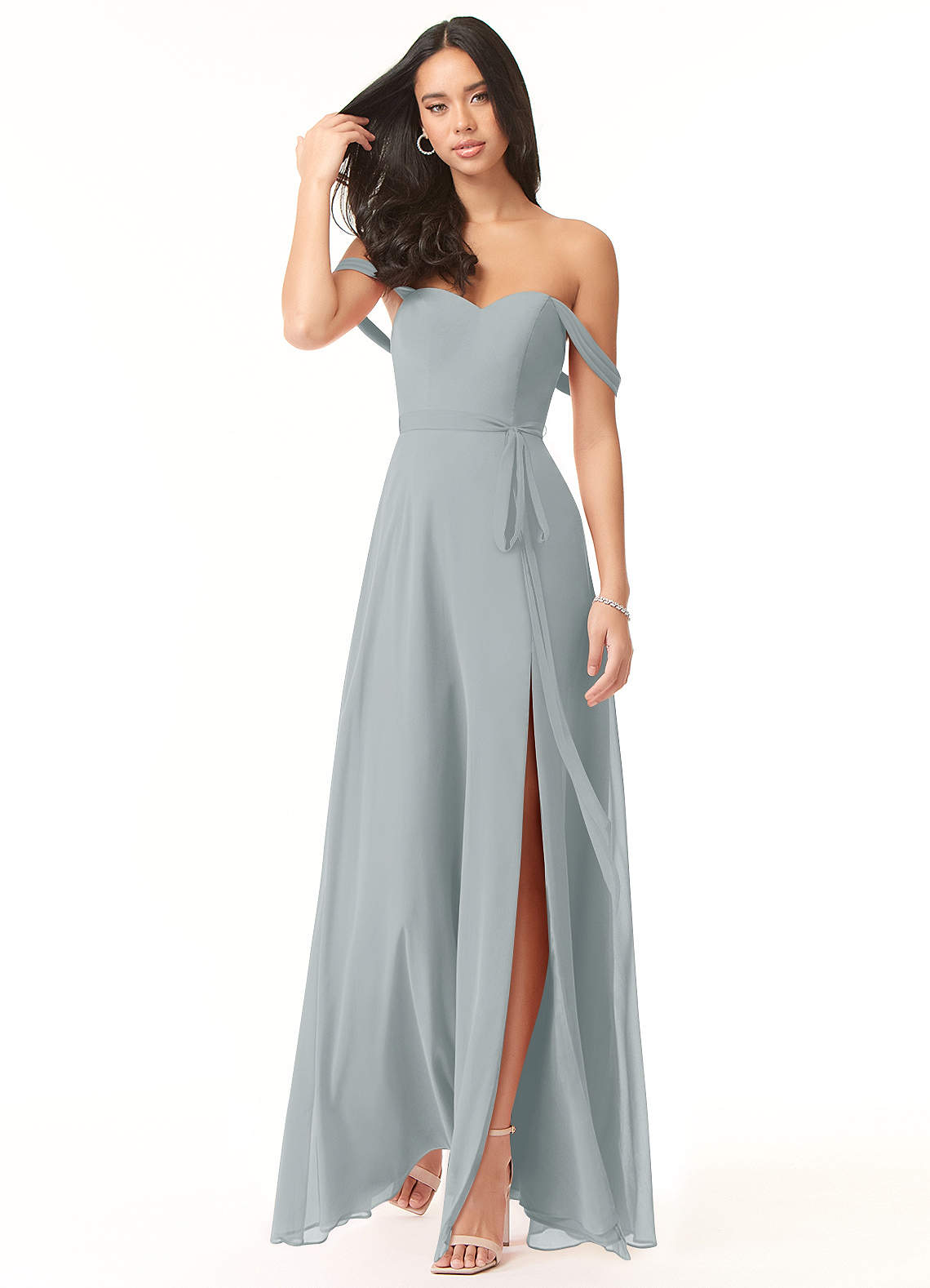 Azazie Aaron Bridesmaid Dresses Dolphin Grey A-Line Off the Shoulder Chiffon Convertible Dress image1