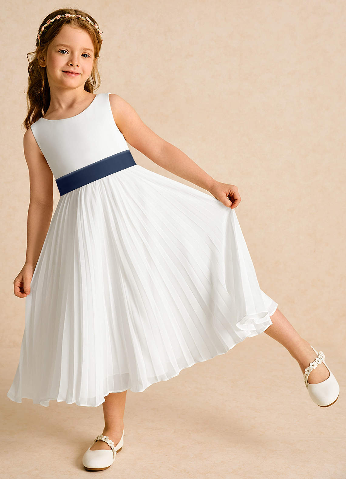 Azazie Margot Flower Girl Dresses Ivory Dark Navy A-Line Pleated Chiffon Dress image2
