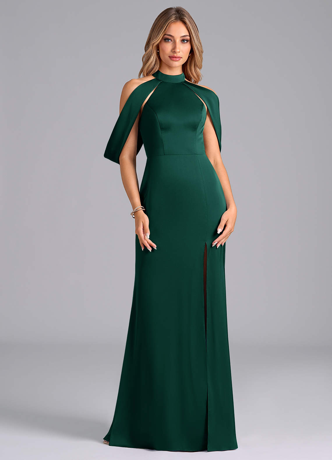 Azazie Bonny Bridesmaid Dresses Emerald Mermaid Off the Shoulder Stretch Satin Dress image1