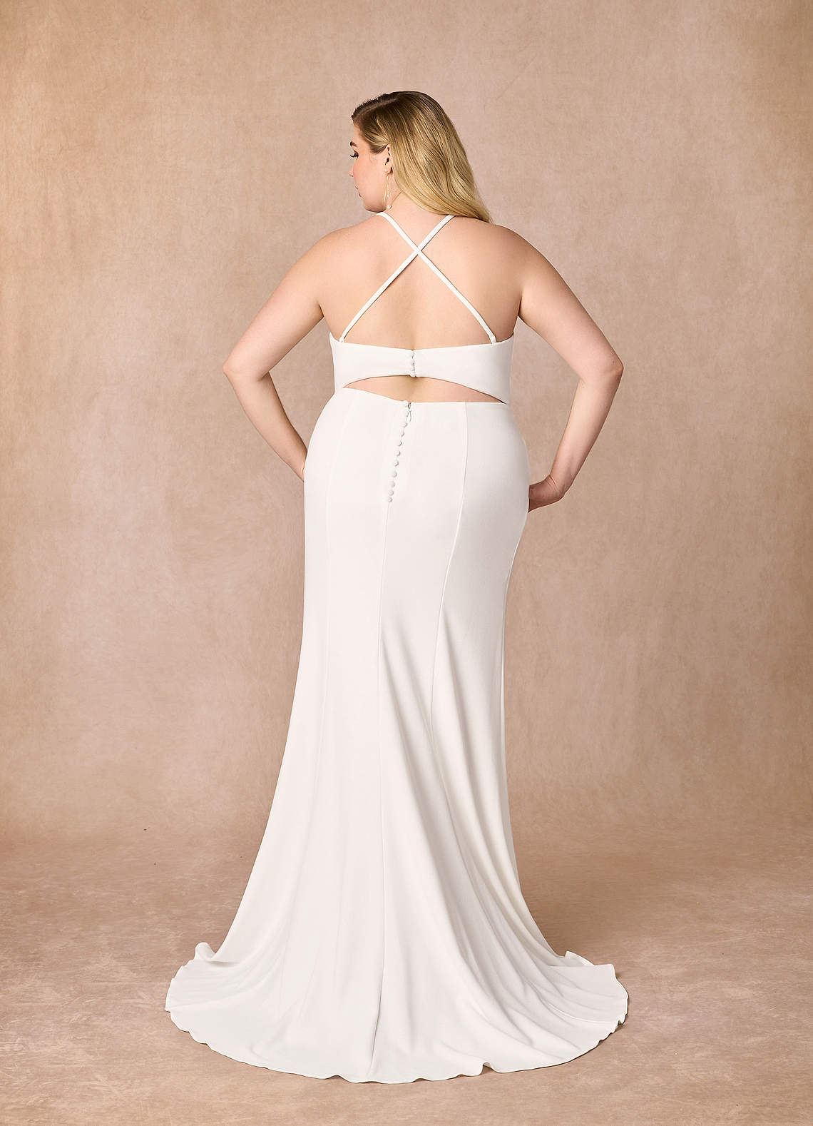 Azazie Iden Wedding Dresses Diamond White Champagne Mermaid V-Neck Stretch Crepe Dress image9