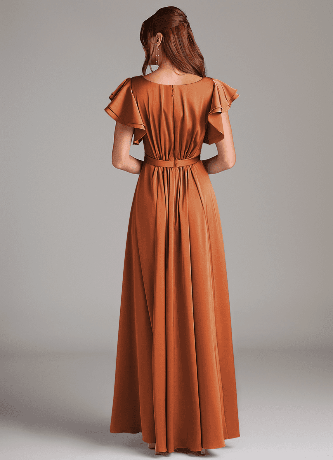 Azazie Daphne At-home Try On Dresses A-Line Ruched Stretch Satin Floor-Length Dress image5