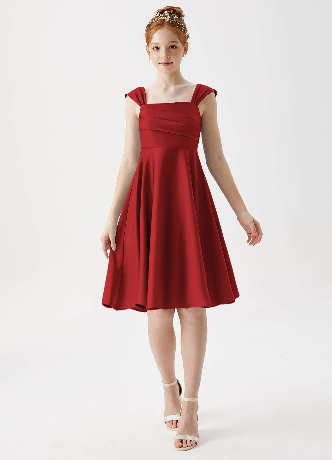 Azazie Amira Junior Pomegranate A-Line Pleated Stretch Satin Dress image1