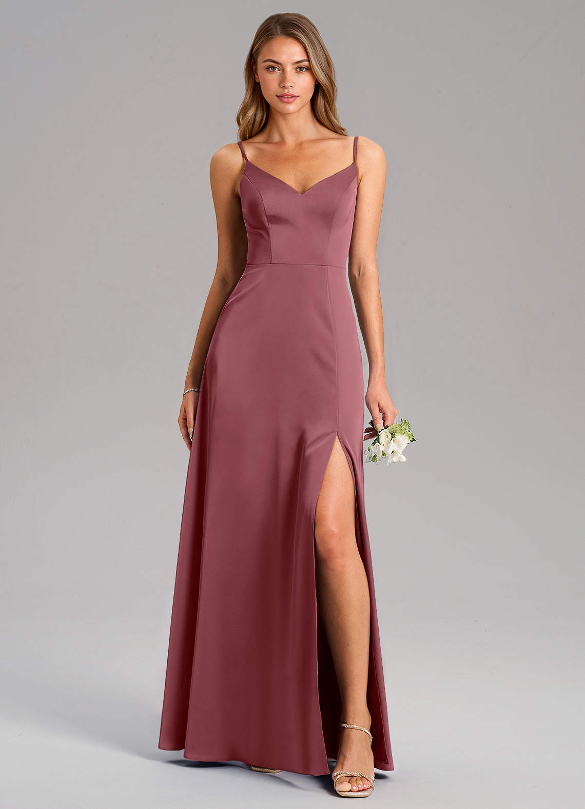Azazie Talina Bridesmaid Dresses Desert Rose A-Line Stretch Satin Dress image1