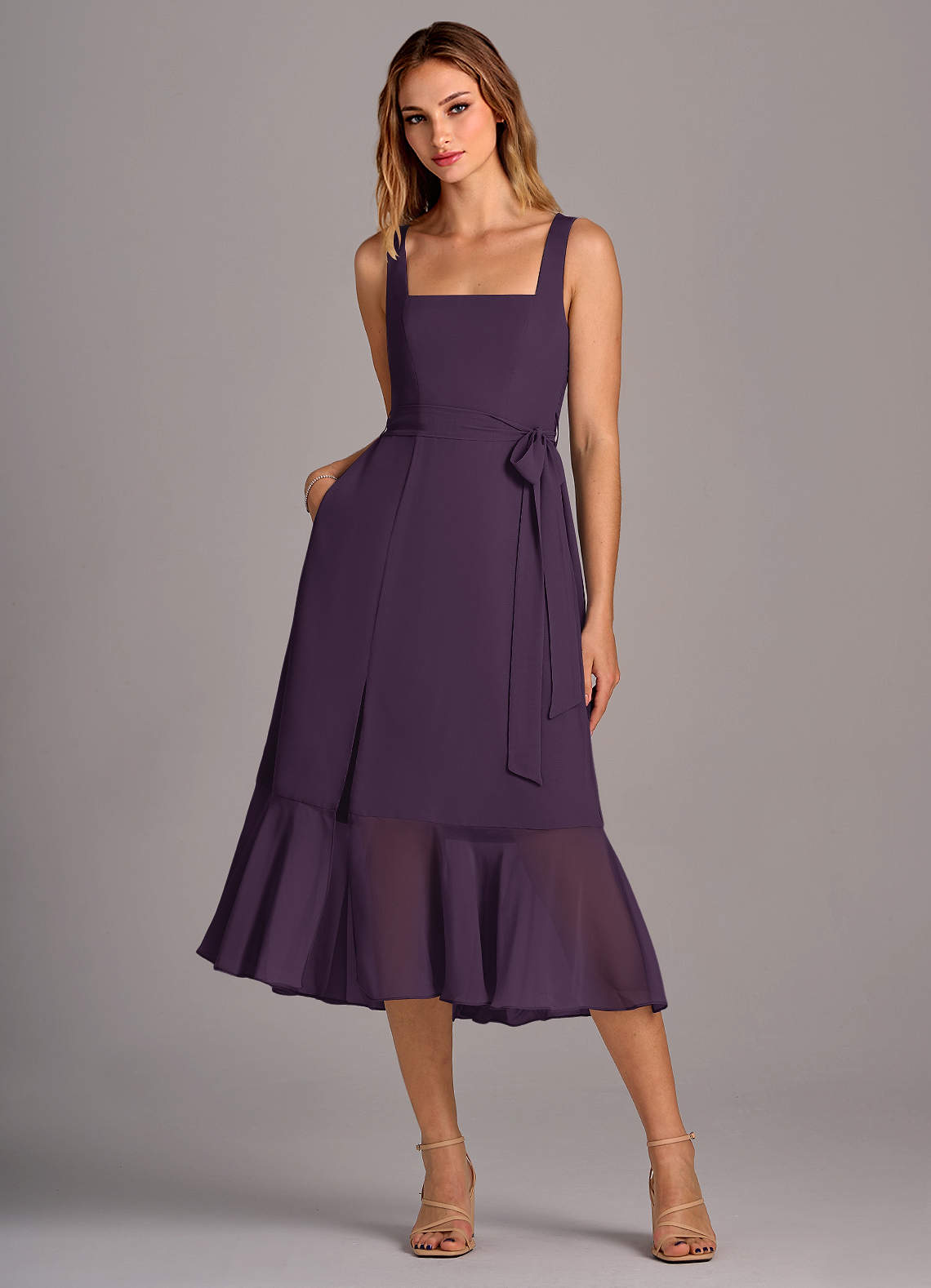 Azazie Deb Bridesmaid Dresses Plum A-Line with Pockets Chiffon Convertible Dress image1