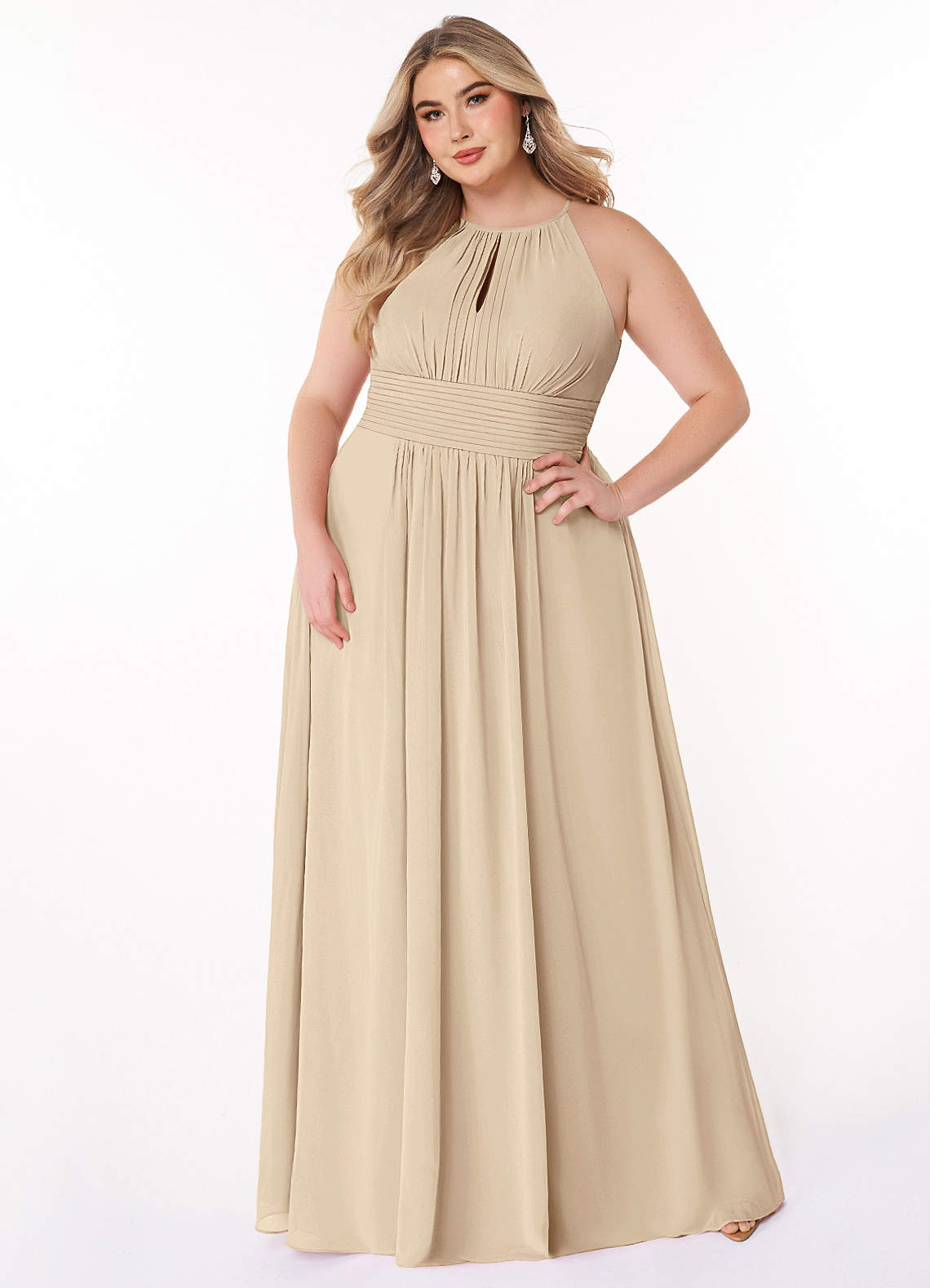 Azazie Bonnie Bridesmaid Dresses Champagne A-Line Keyhole Ruched Chiffon Dress image1