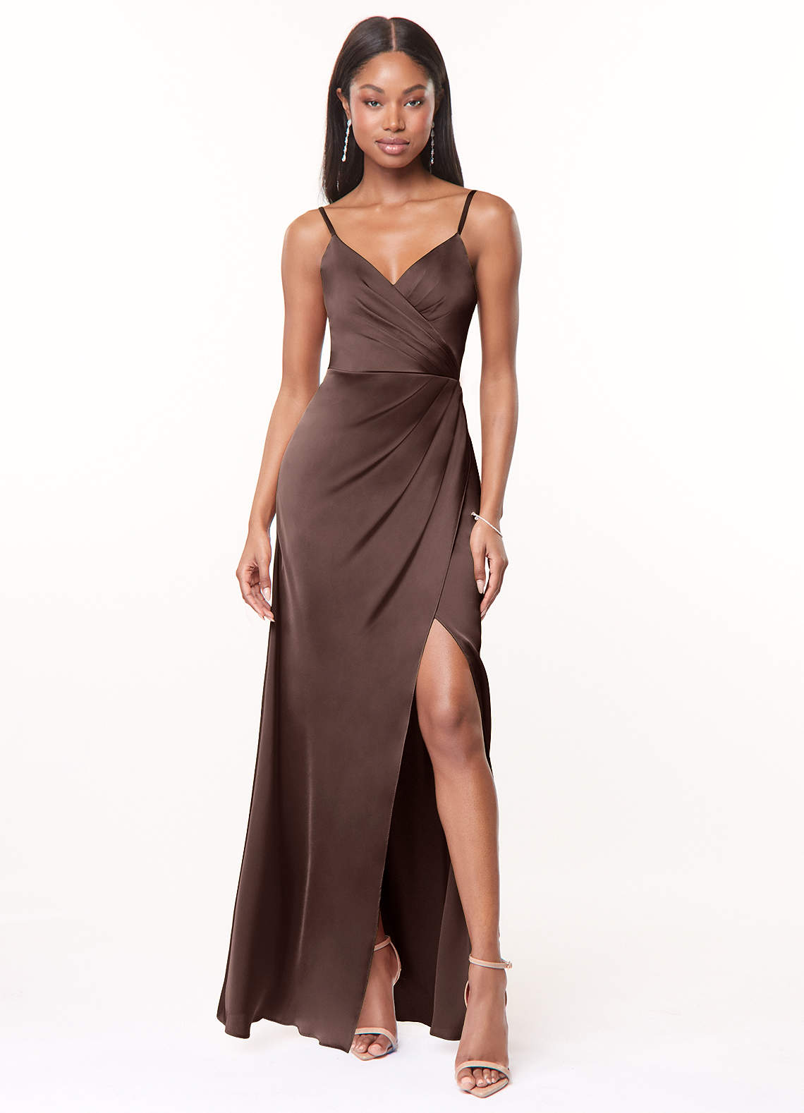 Azazie Maci Bridesmaid Dresses Ganache A-Line V-Neck Pleated Stretch Satin Dress image1