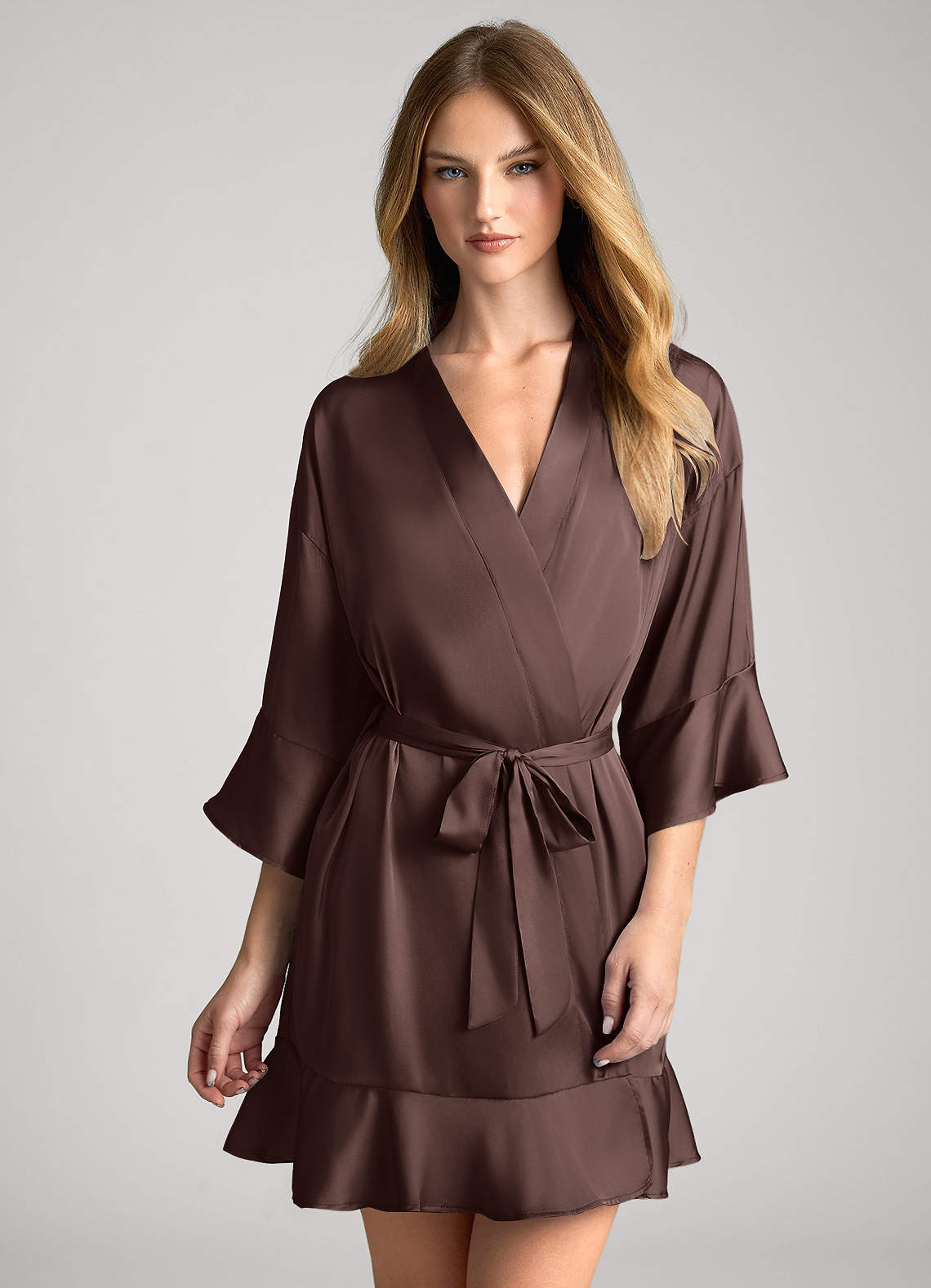 Satin Ruffle Robe Ganache Ruffled Satin Robe Robes | Azazie CA