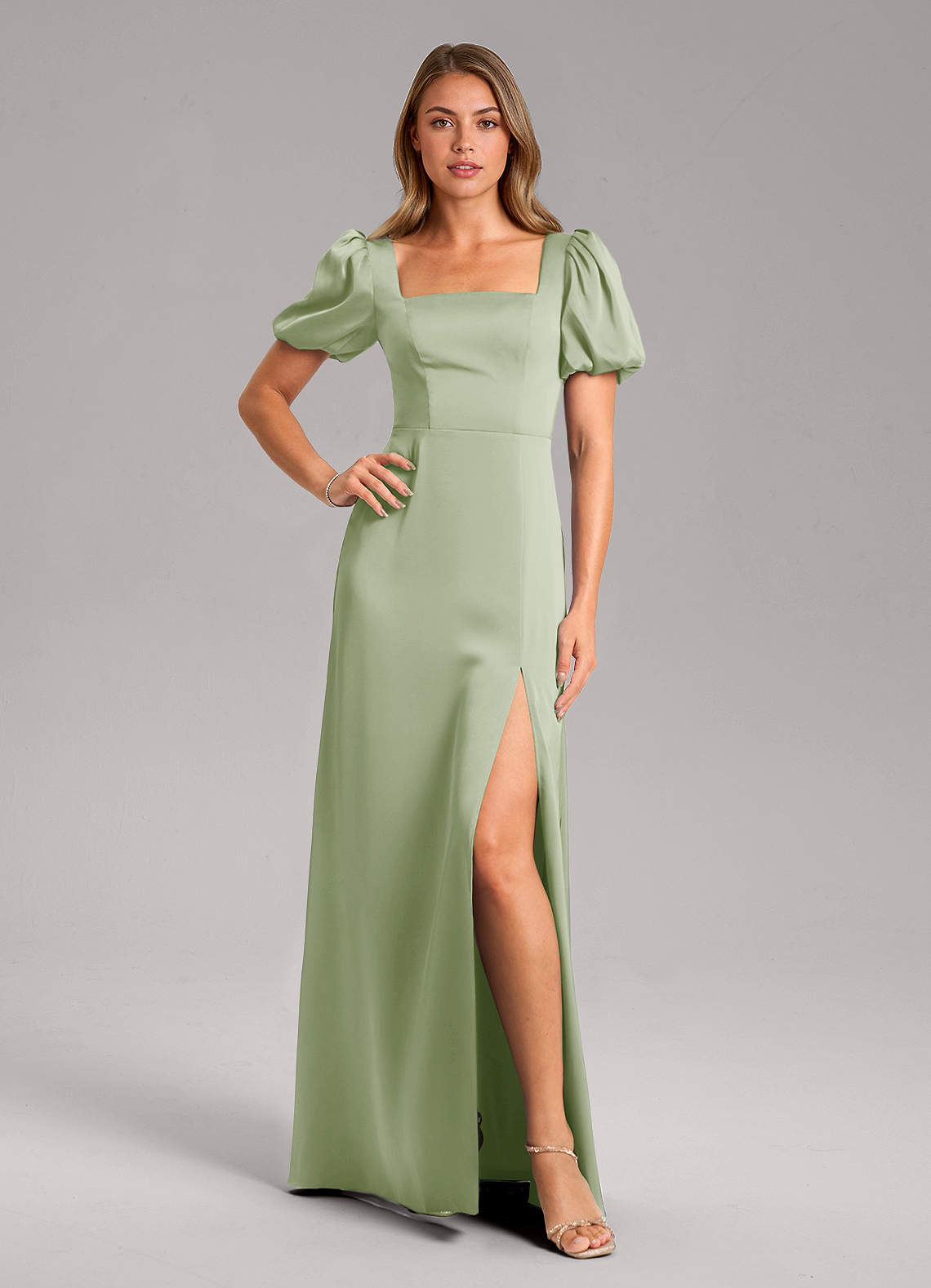 Azazie Fyona Vestidos de damas de honor Vestido de Salvia Polvorienta de Satén Elástico de Corte en A con Plisado image1