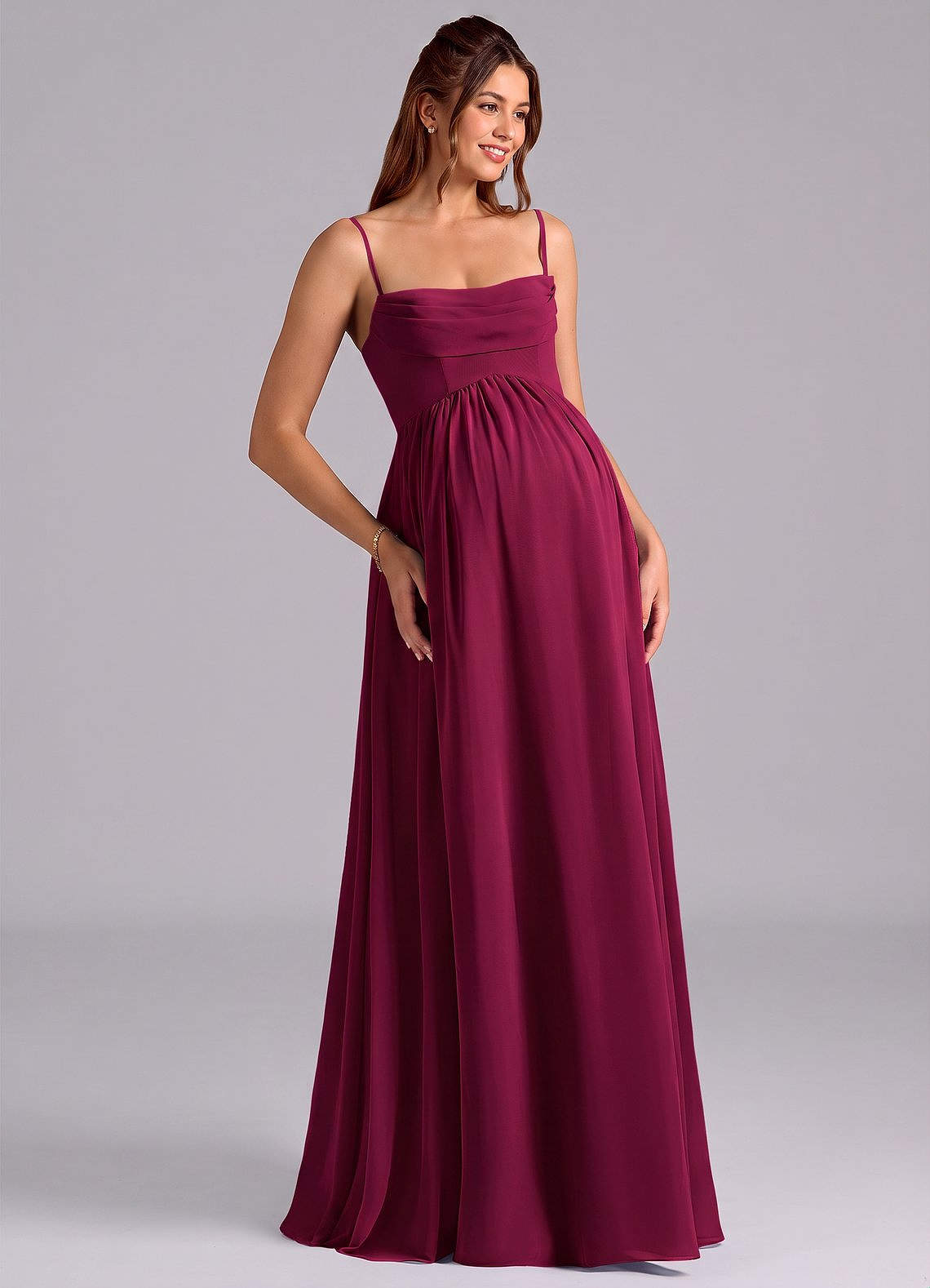 Azazie Saige At-home Try On Dresses A-Line Pleated Chiffon Floor-Length Dress image6
