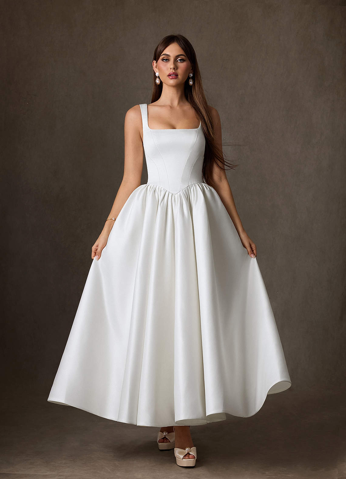 Azazie Verina Wedding Dresses Diamond White A-Line with Pockets Satin Dress image2