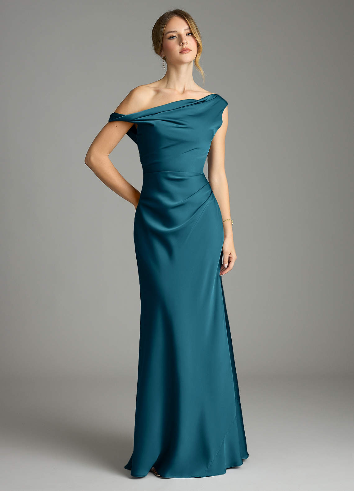 Azazie Emerson Bridesmaid Dresses Ink Blue Mermaid Off the Shoulder Stretch Satin Dress image1