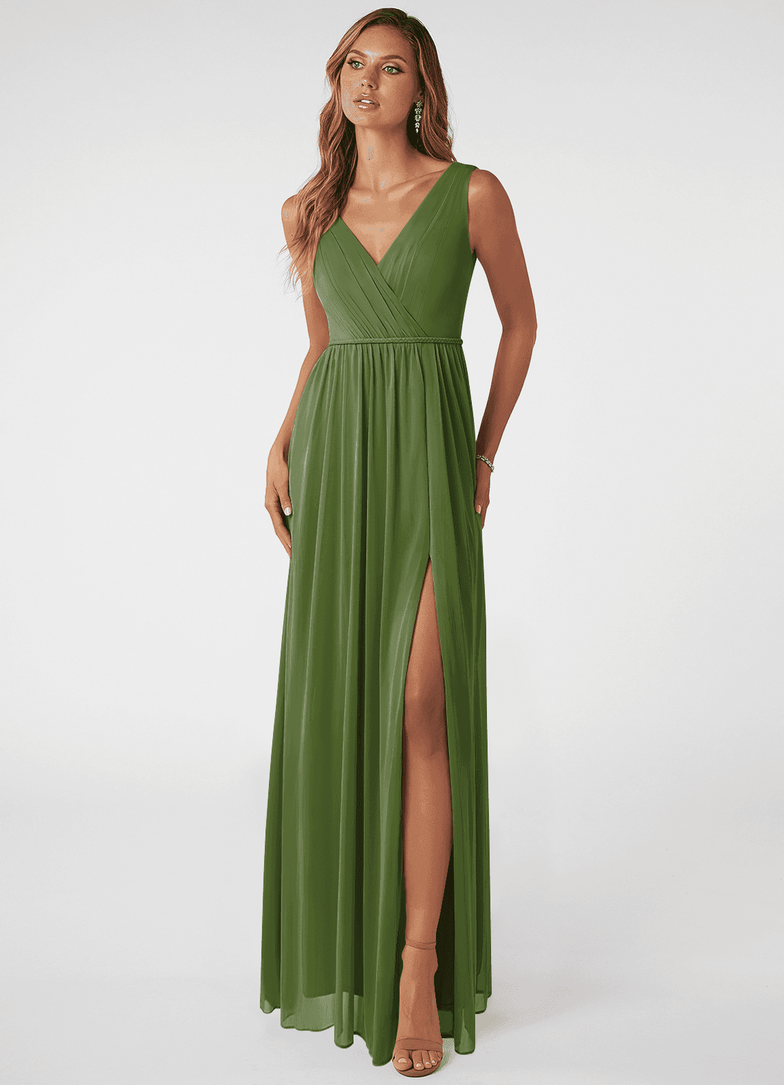 Azazie A-Line V-Neck Floor-Length Mesh Bridesmaid Dresses