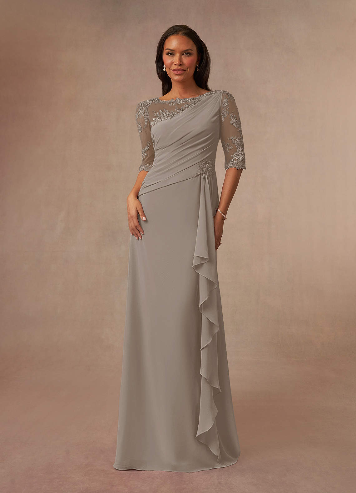 Azazie Dionysus Mother of the Bride Dresses Taupe A-Line Boatneck Lace Chiffon Dress image1