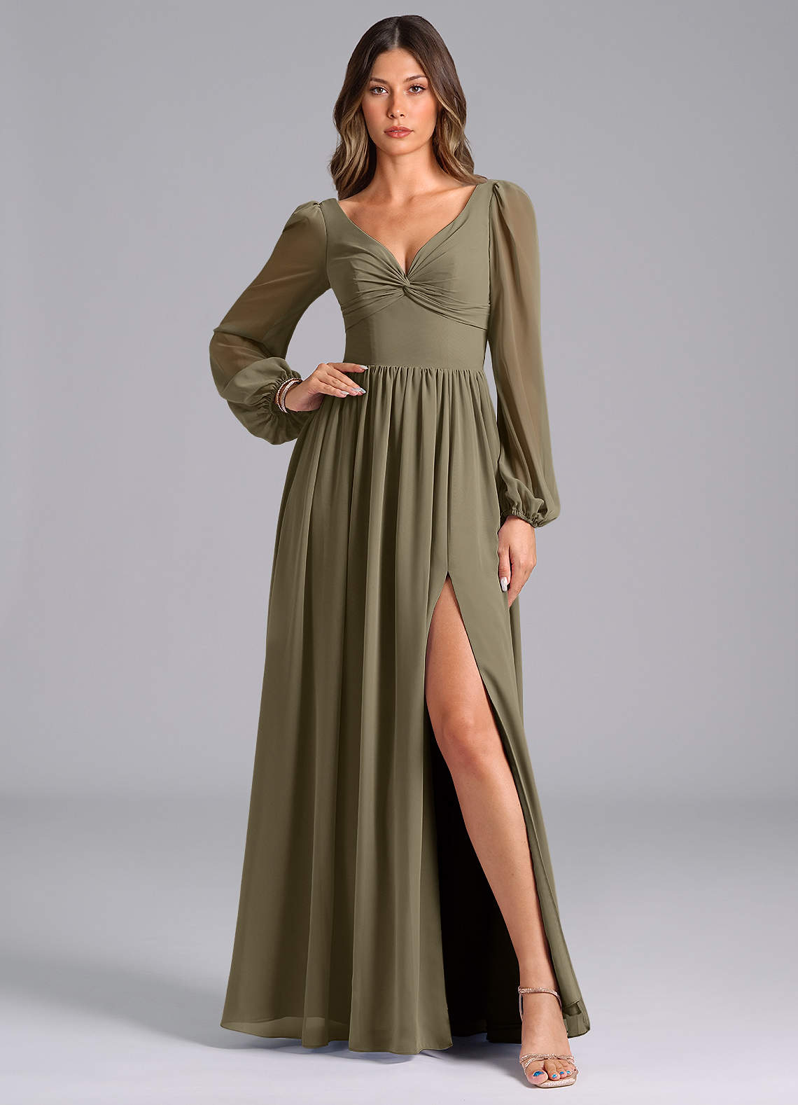 Azazie A-Line V-Neck Long Sleeve Floor-Length Chiffon Bridesmaid Dresses - Willow Green Azazie A-Line V-Neck Long Sleeve Floor-Length Chiffon Bridesmaid Dresses - Willow Green