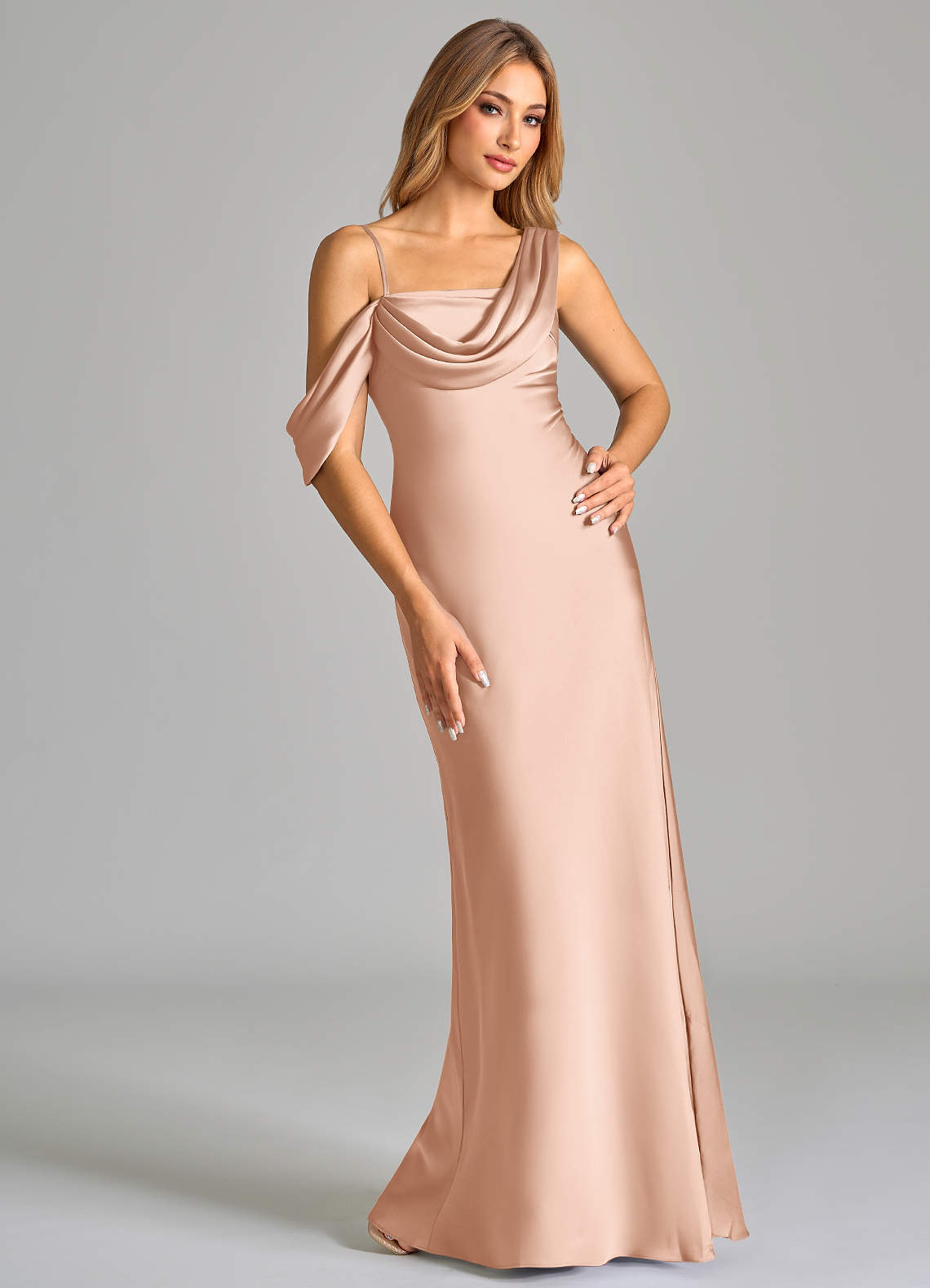 Azazie Celina Bridesmaid Dresses Rose Gold Sheath Off the Shoulder Stretch Satin Dress image1