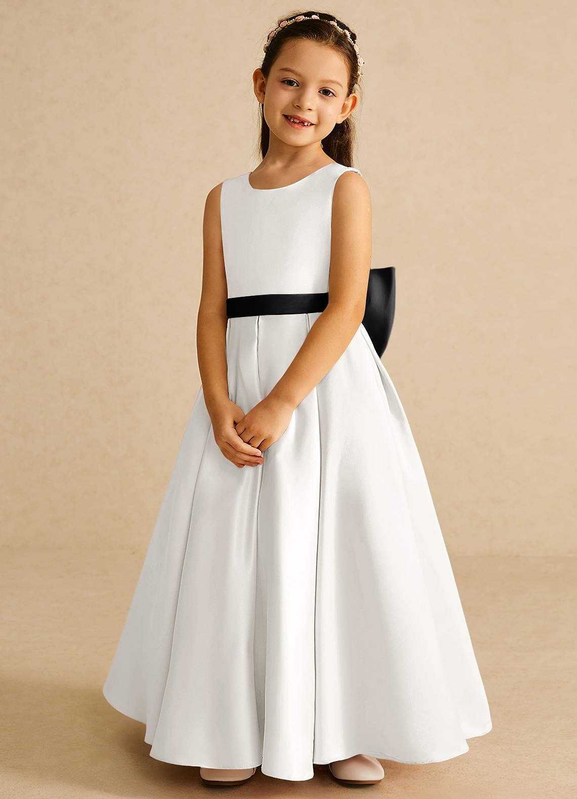Azazie Pipsy Flower Girl Dresses Ivory Black A-Line Bow Matte Satin Dress image3