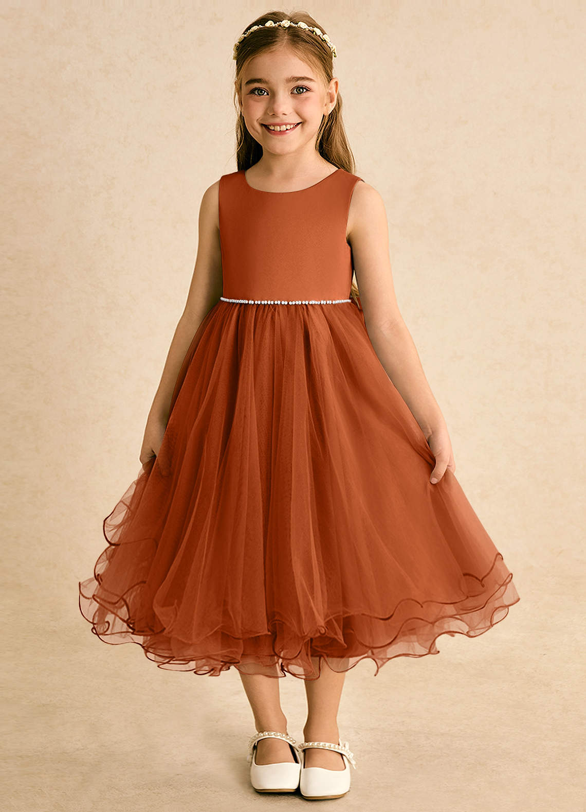 Azazie Lass Flower Girl Dresses Burnt Orange A-Line Bow Tulle Dress image1